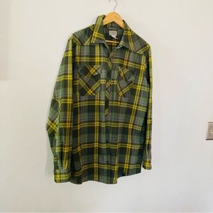 LL Bean Large Tall green plaid flannel snap button down